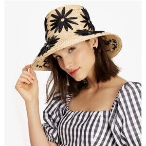 Kate Spade Raffia Daisy Flower Bucket Hat Sunhat Black/ Natural One Size